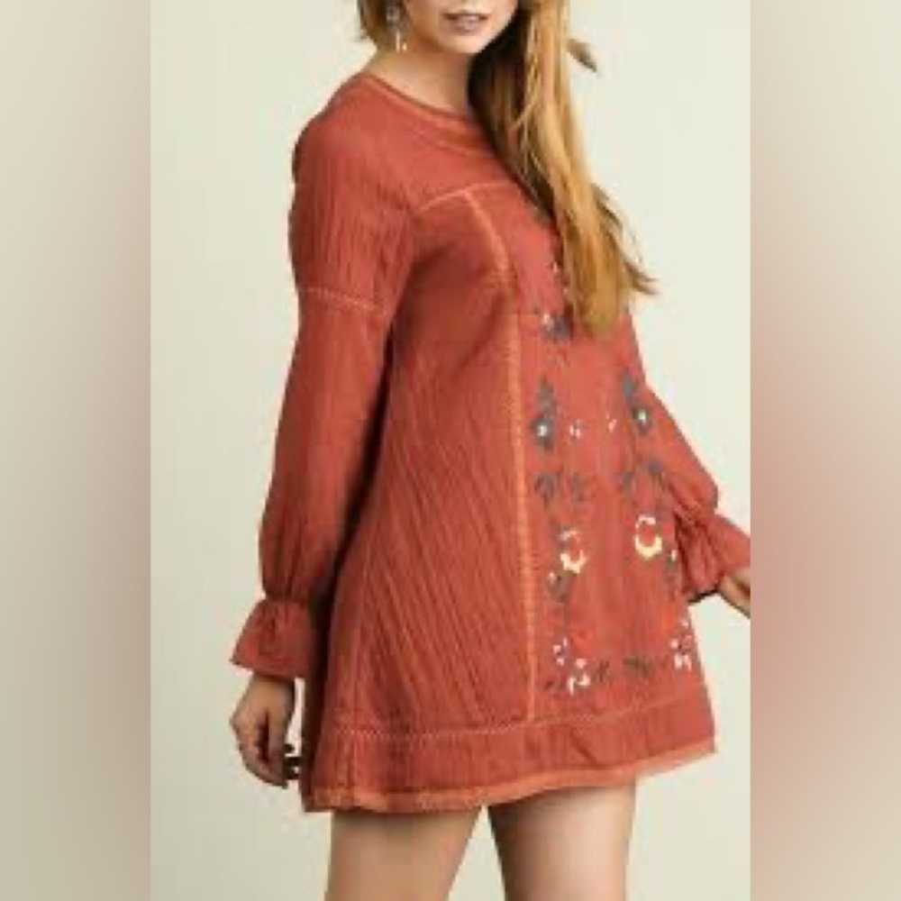 Umgee Floral Embroidered Boho Loose Fit Ruffle Sleeve Mini Dress - Picture 2 of 11